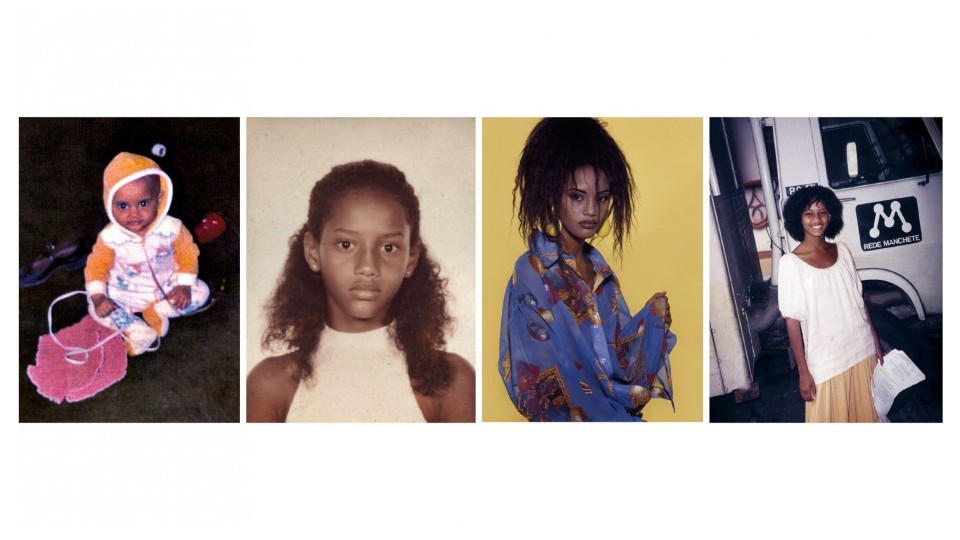 A partir da esq., na casa da madrinha em São Paulo, com pouco mais de 1 ano; aos 11, “idade da feiura braba”; um dos primeiros trabalhos como modelo, aos 13; nos bastidores de Xica da Silva, na TV Manchete em 1996