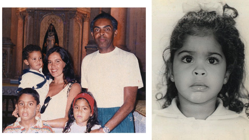 Em 1993, aos 5 anos, com os pais, Flora e Gil, e os irmãos, José (no colo) e Bem. Aos 3 anos; e com 1 ano, em 1989