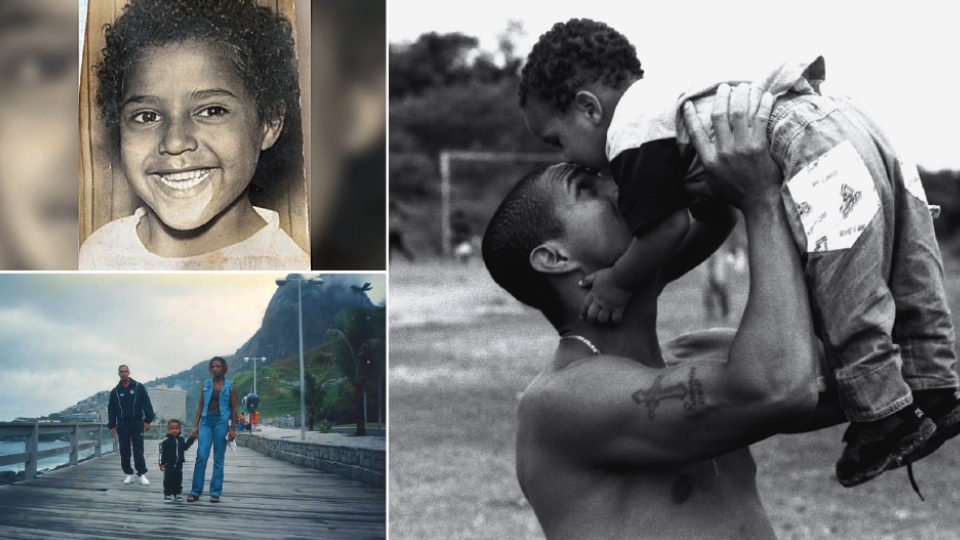 Mini Brown, aos 5 anos; com o filho, Jorge, no Capão Redondo em 1997; a família em Santos, no mesmo ano