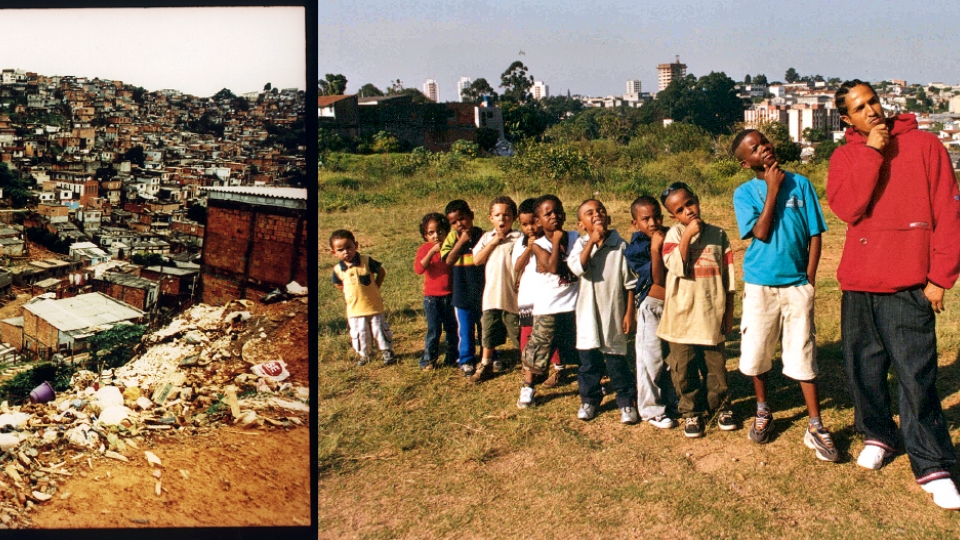 Vista do Capão Redondo, em 2001; com meninos da comunidade, em 2002