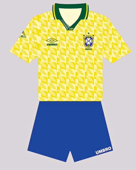 1991 ? Para a Copa de 1994, a Umbro promove uma grande mudança no uniforme canarinho