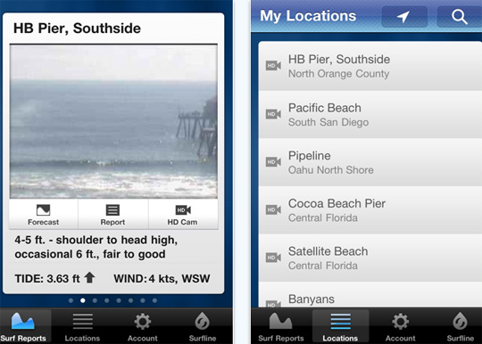 Surfline: Um dos mais antigos aplicativos do gênero, o Surfline passou por várias atualizações até chegar no seu mais recente estágio. O design não é dos melhores, mas ele tem a vantagem de apresentar várias informações para um bom número de praias. A maior parte delas está nos Estados Unidos e no Havaí. Em alguns casos, é possível assistir a uma transmissão de vídeo em tempo real dos picos. Gratuito para iOS e Android