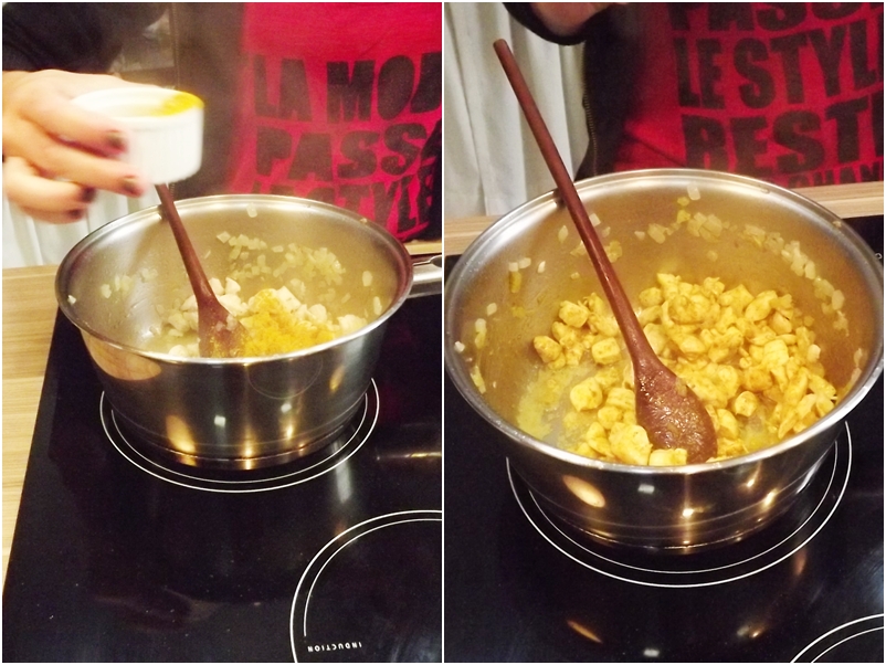 Depois re refogar o frango com a cebola e a manteiga, coloca-se o curry