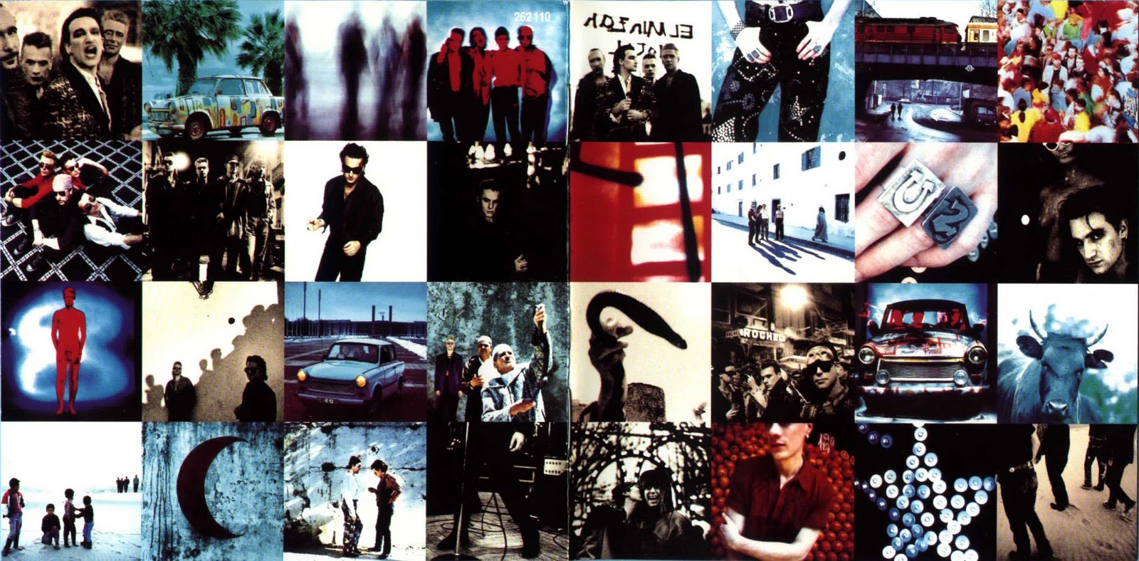 U2 - Achtung Baby: Lançado em 91, o sétimo disco da banda irlandesa trazia em seu encarte um enorme painel de fotos da banda. Uma delas traz o baixista Adam Clayton em nu frontal. Você consegue encontrá-la na imagem acima?