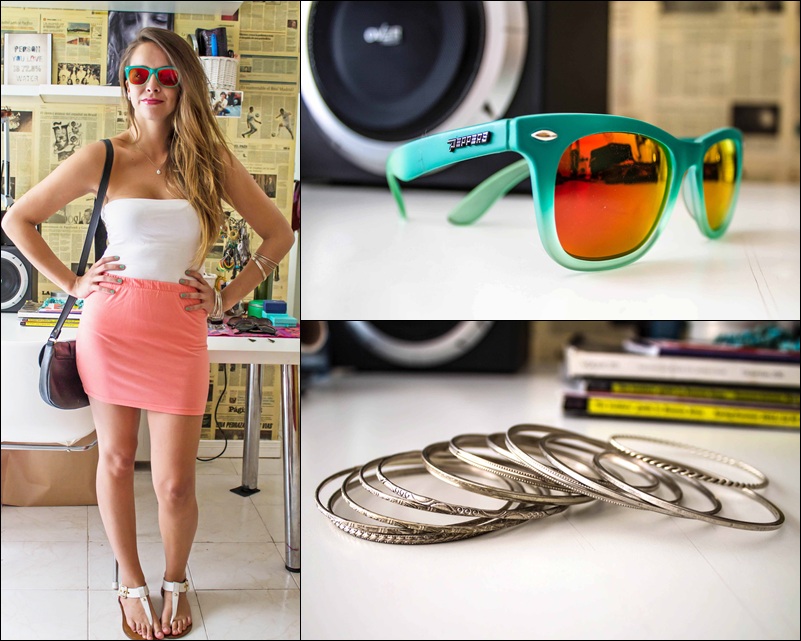 Sábado: Pepper Sunglasses, pulseiras UO ,  saia e top H&M, e rasteirinha Steve Madden