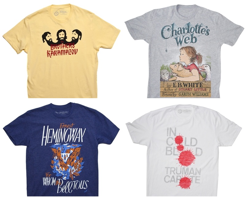 Camisetas com títulos como Os irmãos Karamazov, A menina e o porquinho e A sangre frio - todas a $ 28