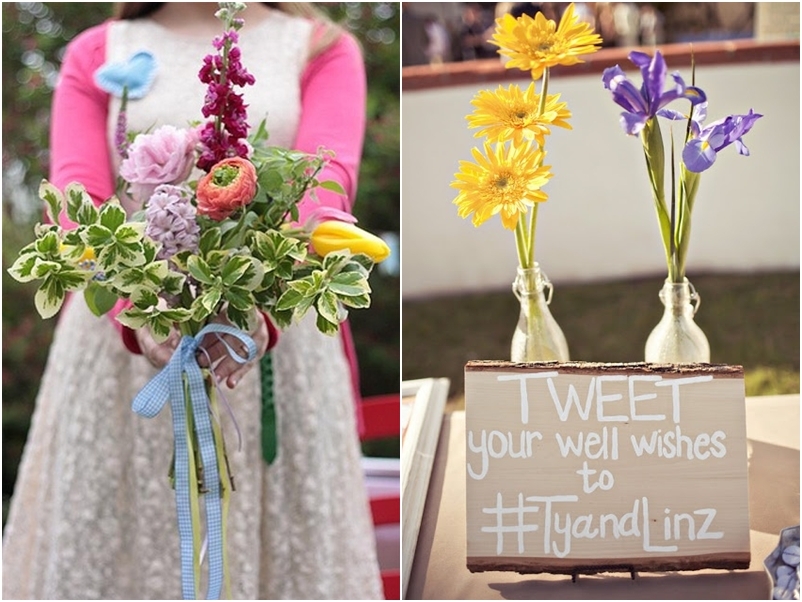 Buquê improvisado com flores de jardim e sinalização para hashtag nas fotos
