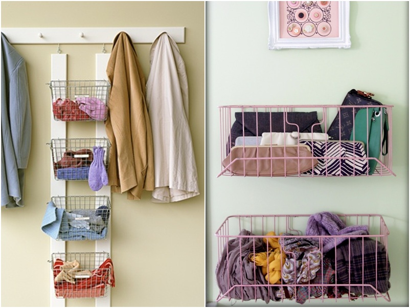 Cestinhas pra serem uma extensão do seu armário. Podem ser presas na parede e acomodar roupas sujas, acessórios ou roupas íntimas