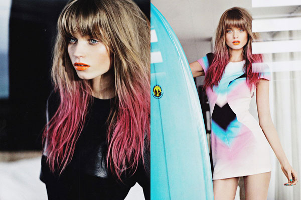 A modelo Abbey Lee com as pontas cor de rosa em editorial da Vogue Austrália