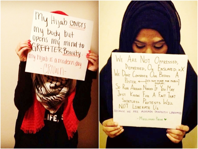Meu hijab cobre meu corpo, mas abre minha mente para uma beleza melhor. Meu hijab é uma coroa dos dias de hoje  - Nós não somos oprimidas, depressivas ou escravizadas. Não consideramos nossos corpos como cartazes - eles não foram feitos para apresentação pública