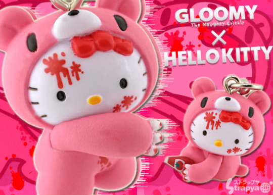 Gloomy Bear - aqui a Hello Kitty aparece vestida de Gloomy Bear, o ursinho monstruoso cor de rosa