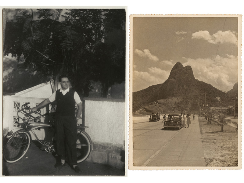 Seu Alberto na Ipanema dos anos 40; ao lado, os avós e a mãe (com o vestido ao vento) de Ana Maria Bahiana posam na av. Delfim Moreira, Leblon, em 194