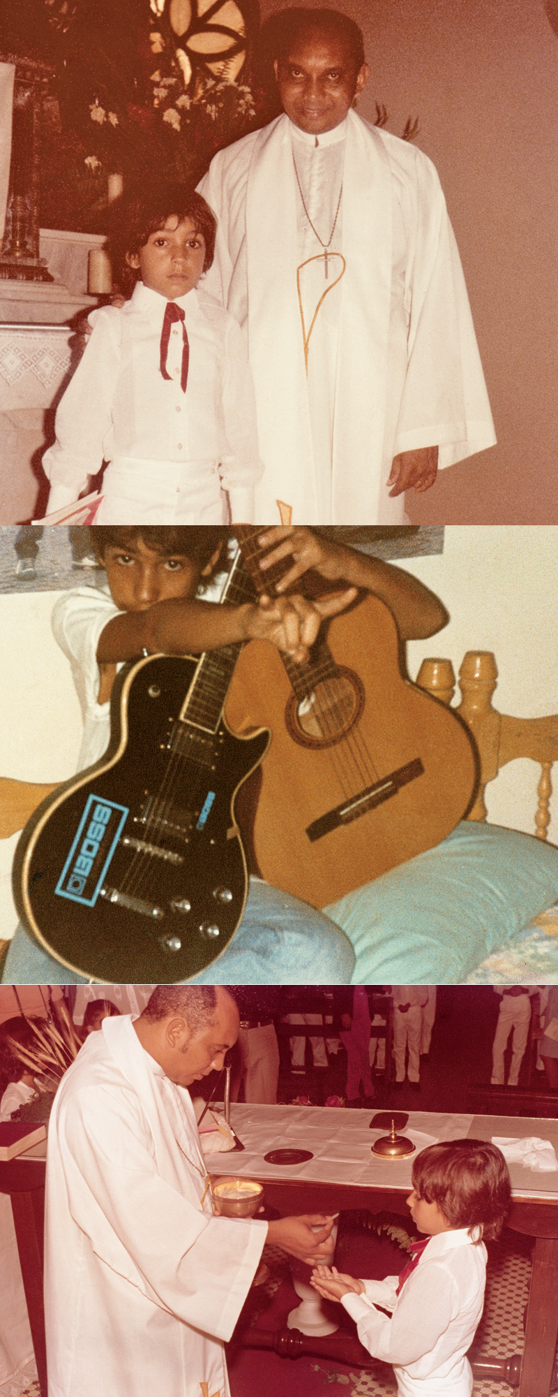 Fernando Catatau em seus tempos de menino católico e, aos 15, com o primeiro violão e a primeira guitarra
