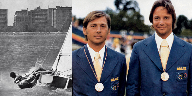 À esq., Reinaldo compete em Chicago em 1959; abaixo, com Peter Ficker, exibindo a medalha ganha na Olimpíada de Montreal em 1976
