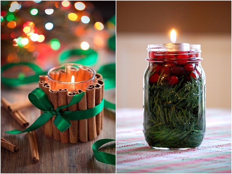 Velas produzem um clima mais intimista, combinam com o natal e são uma solução simples de decoração. Nos exemplos, um copinho coberto por paus de canela, e outro decorado por folhas de pinheiro e frutas vermelhas. No segundo, a velinha boia em água