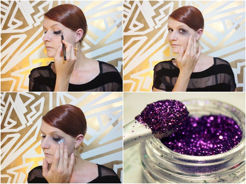 O glitter roxo sobre um olho esfumado com lápis preto reproduz um hematoma mais glam. É só esfumar bastante o olho, manchando com preto a área onde você quer o hematoma e depois ...