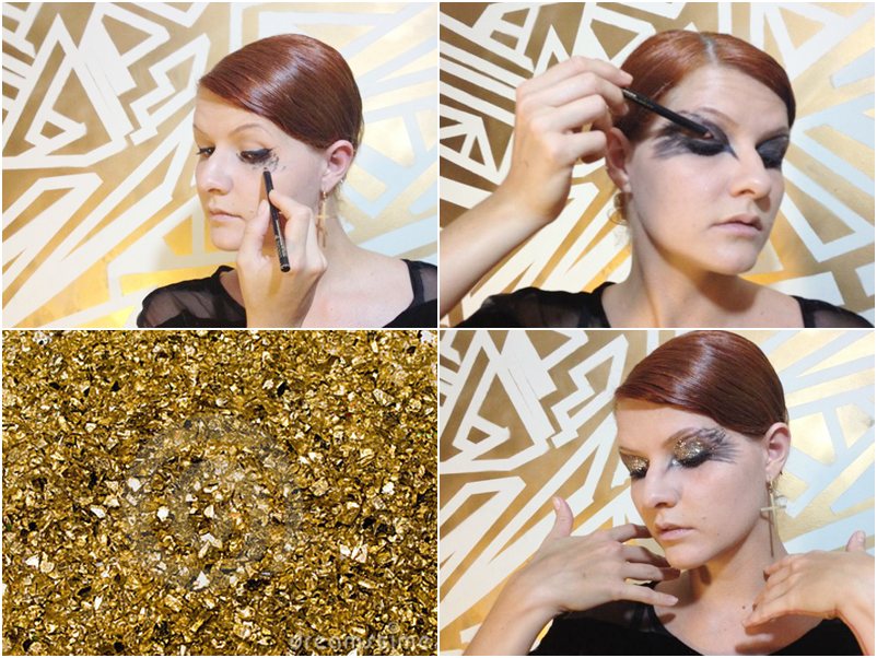 Para um make cisne negro basiquinho: lápis de olho preto, cola e glitter dourado. O segredo pra fazer a base do olho é não seguir regras de perfeição. Solte a mão e faça sua máscara como achar melhor. Lembre-se de deixar a cor mais intensa na raiz do cílios. Depois de desenhar e pintar os olhos com preto, basta passar a cola e distribuir o glitter dourado na pálpebra