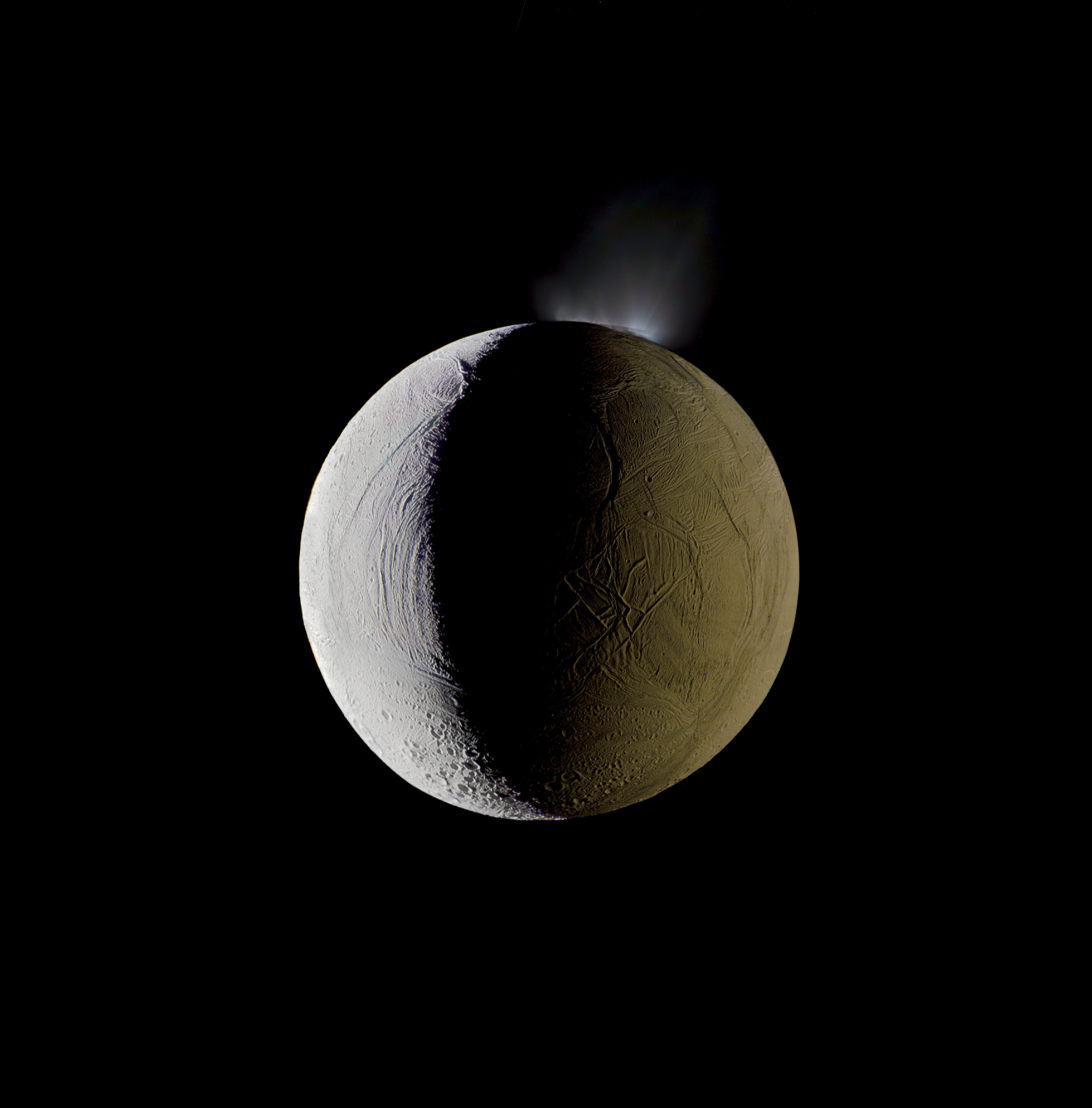 Água entrando na órbita da lua Enceladus (de Saturno), tirada pela sonda Cassini