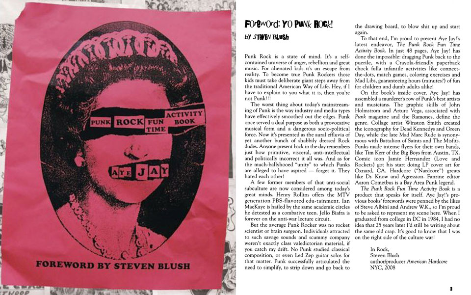 Punk Rock Fun Time Activity Book - Um título do mestre Aye Jay cobrindo os anos de ouro do punk britânico e do hardcore americano. Neste livro você pode desenhar as tatuagens de Henry Rollins, o baixo da capa de London Calling do The Clash, pixar as paredes do banheiro do CBGB's em Nova York, fazer a maquiagem de Siouxsie Sioux, pintar os rapazes do Green Day e ensinar para a molecada com quantos três acordes se faz uma obra prima. Essencial e divertido