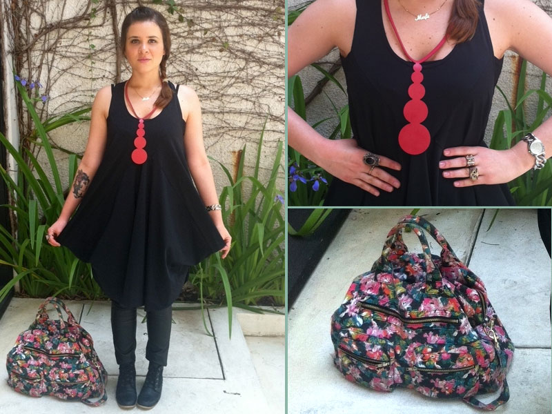 Quarta-feira: “Dia de ir para o trabalho e depois beber na Vila Madalena com as amigas! “Mafê usa  vestido Uma, calça  H&M, bolsa  H&M, bota lojinha em Camdem, colar  Uma, anel pedra da 25 de março, anel rebites comprado em Londres e anel coruja H&M