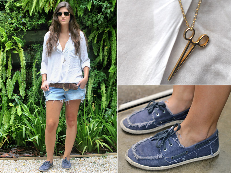 Quinta-feira: Saio do trabalho mais cedo e depois vou encontrar umas amigas. Luisa usa camisa Zara,   shorts Abercrombie, cinto Shoestock, colar feito por ela e óculos Ray ban.