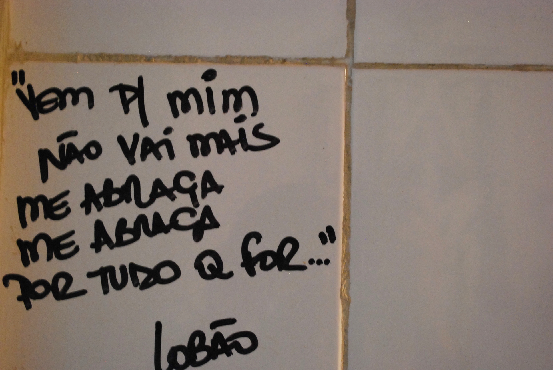 No azulejo do banheiro, canetinha de CD e uma frase de Lobão