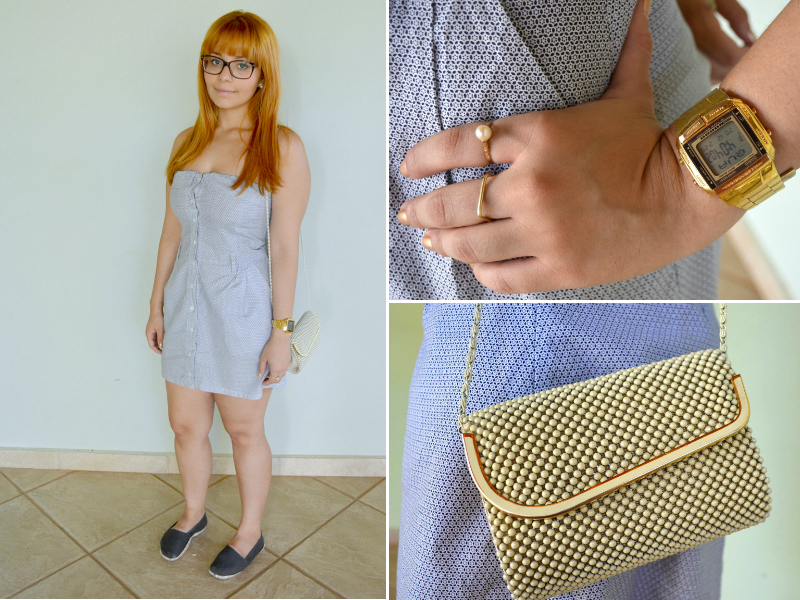 Quarta-feira: Saí para almoçar com minha mãe - Marilia usa vestido tomara que caia Renner, bolsa   vintage, relógio Casio e sapato Alpargatas