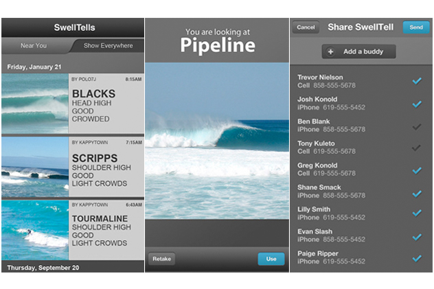 SwellTell: O aplicativo independente da lista foi feito por um desenvolvedor que cansou dos relatos oficias do tempo. Para formar sua base de suas informações, o SwellTell recolhe informações sobre os picos com os surfistas que já estão na área. Com o programa, basta colar numa praia e relatar as condições da água, do vento e até da densidade populacional do lugar. Embora deixe a dever outros programas, pode evitar um mar crowdeado. Gratuito para iOS