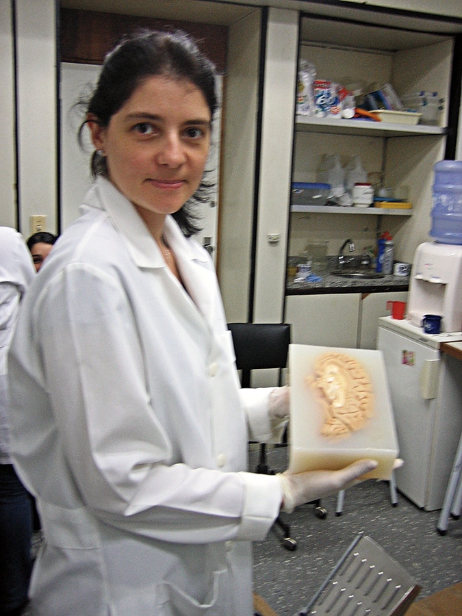 Mão na massa, literalmente: Suzana analisa um cérebro humano em laboratório