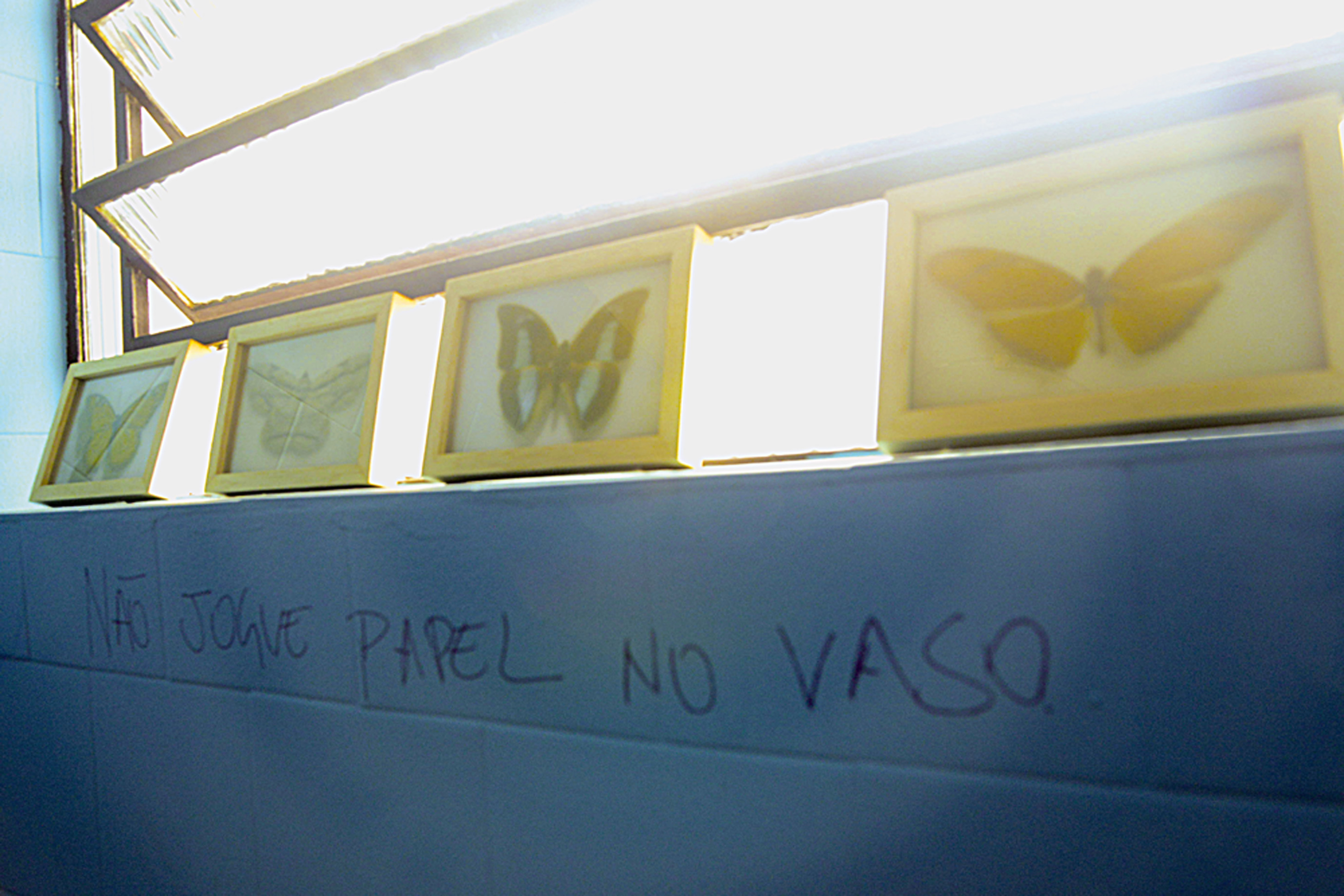 No lavabo, as fotos de borboletas são de Daniel Malva