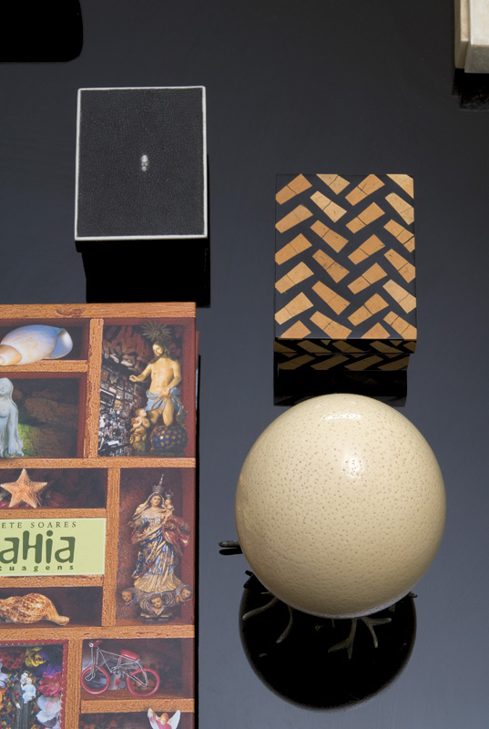Detalhe da mesa de centro: um ovo de avestruz comprado na África