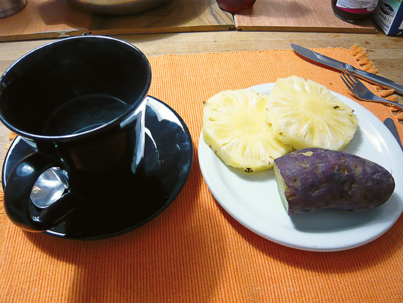 Meu dia começa cedo. Às 6h, tomo café da manhã. Como estou sempre viajando aproveito que estou no Brasil para comer o que não acho lá fora, como batata-doce, aipim e inhame, ótimas fontes de carboidrato