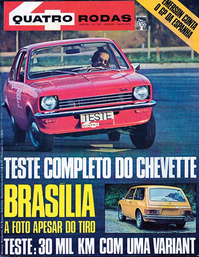 a capa do verdadeiro furo de reportagem da Quatro Rodas: a Brasília amarela e a bala na placa.