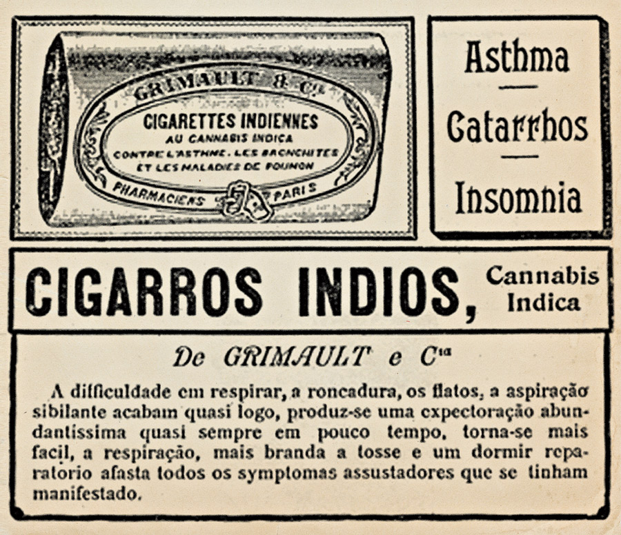 Propaganda das cigarrilhas Grimault, à base de Cannabis, vendidas nas farmácias brasileiras no começo do século passado