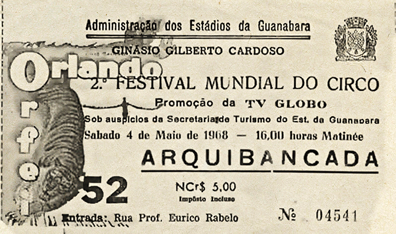Ingresso de espetáculo no Rio em 1968, ano da chegada ao Brasil