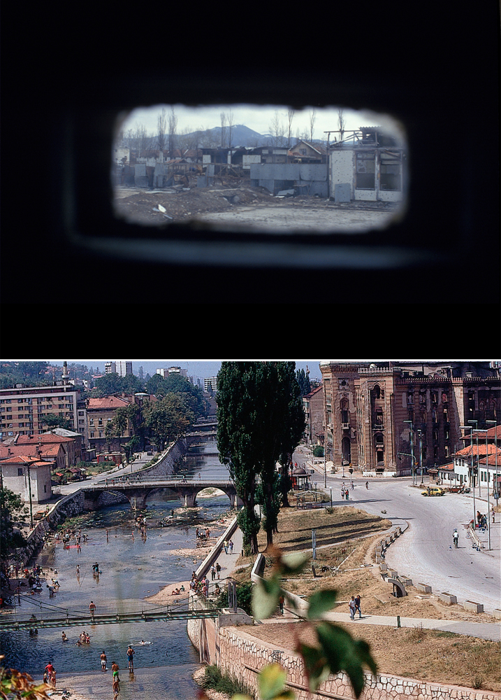 A cidade vista por um carro blindado da ONU e o rio Miljacka, em 1993