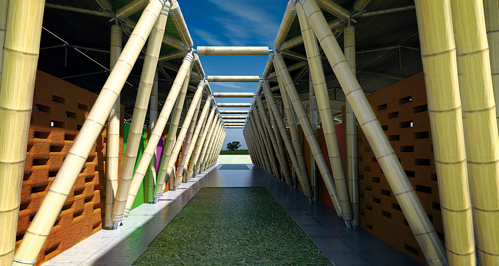 O corredor central de uma das escolas de bambu da LIbéria
