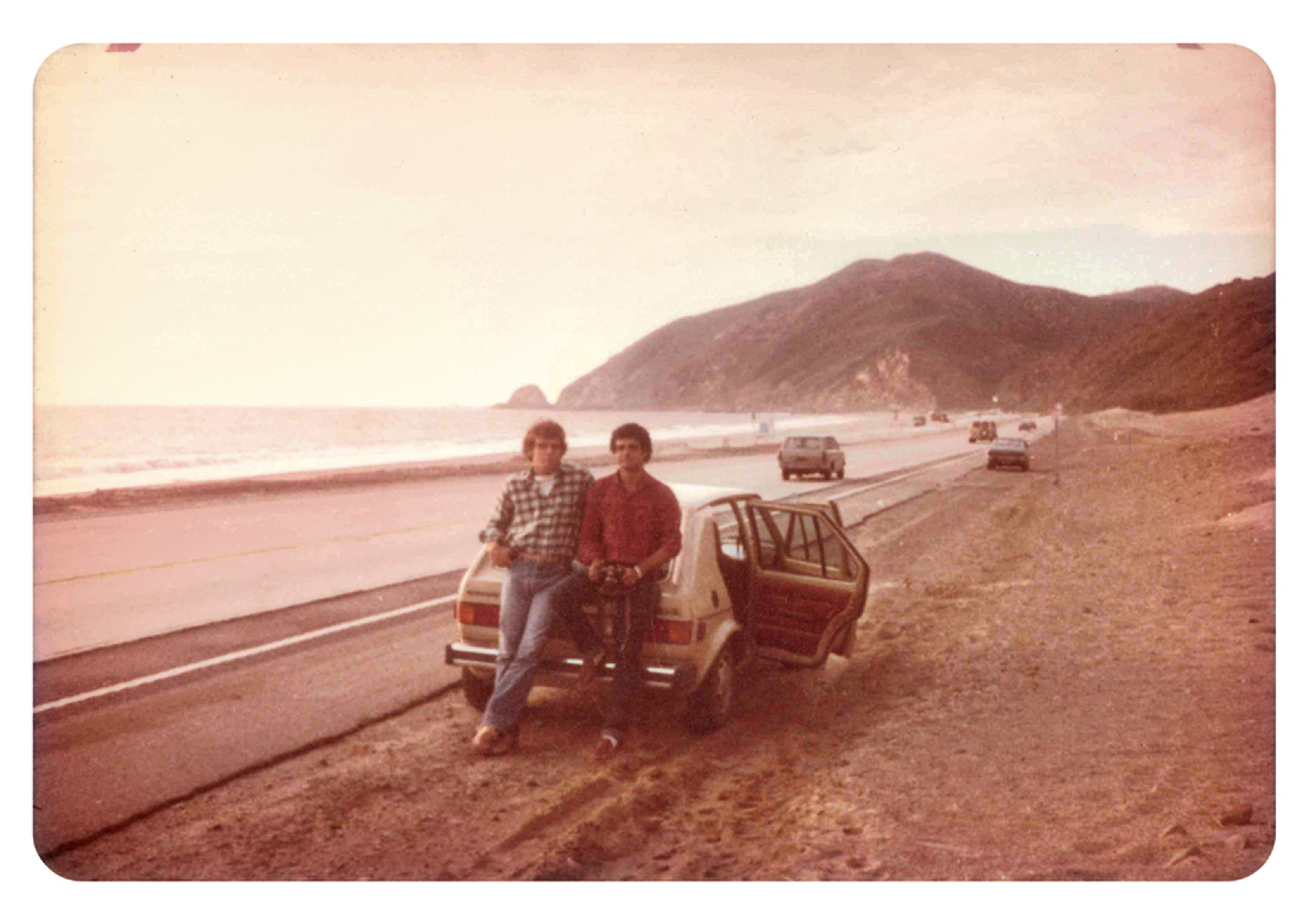 Com o amigo Guilherme Martins de Almeida, o Dumdum, em 1978, quando alugaram um carro e viajaram por toda costa da Califórnia