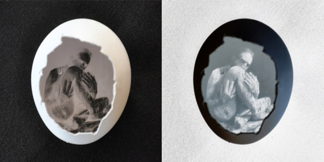 Negativo (esq) e resultado final (direita) da foto na câmera pinhole de ovo