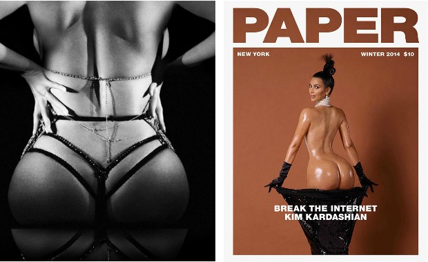 À esquerda, Beyoncé em imagem de seu álbum de 2013; à direita, a 'Paper' com Kim Kardashian