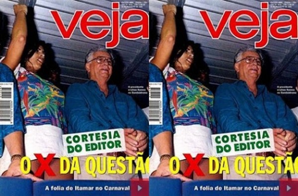 O então presidente Itamar Franco na capa da Veja ao lado da modelo Lílian Ramos, que desfilou pelo camarote presidencial sem calcinha (1994)