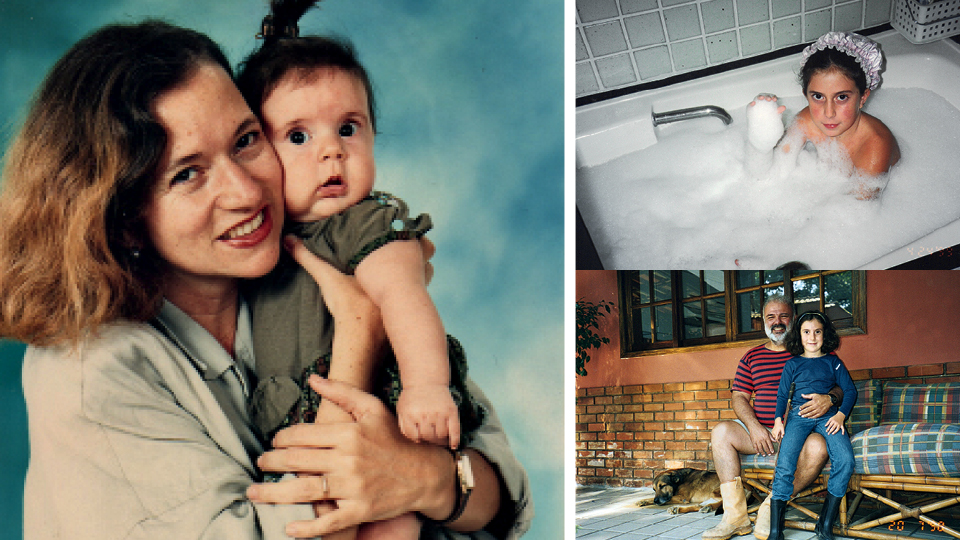 Ainda bebê, no colo da mãe, Marize; aos 9 anos fazendo graça na banheira; aos 6 anos, com o pai, Sérgio