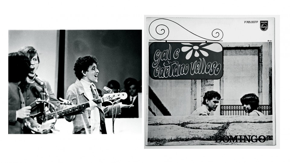 À esq., em 1967, interpretando “Alegria, Alegria”, na TV Record. À dir., reprodução da capa de Domingo (1967), primeiro disco lançado por Caetano e Gal