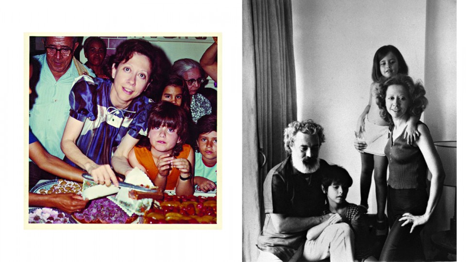 À esq., assoprando oito velinhas com a mãe, em 1973. “Acho estranho esse excesso de intimidade entre filhos e pais.” À dir., a família Torres reunida em 1971