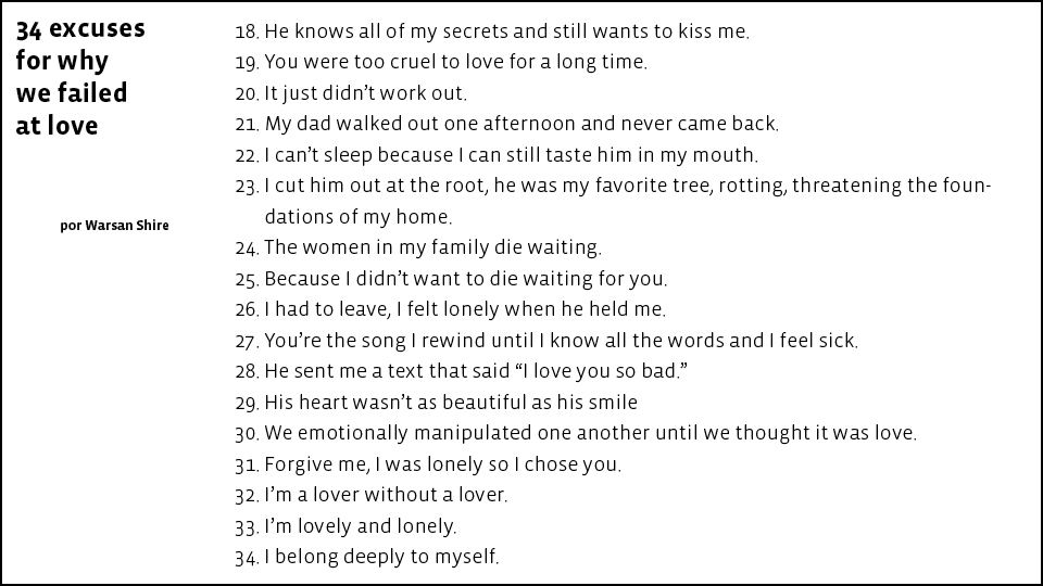Trecho de "34 excuses for why we failed at love"