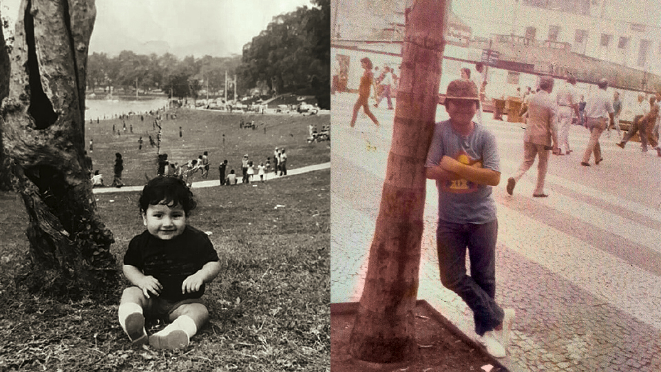 Ainda bebê, Dinho curte passeio na Quinta da Boa Vista; e em 1987, aos 12 anos, no Largo da Carioca