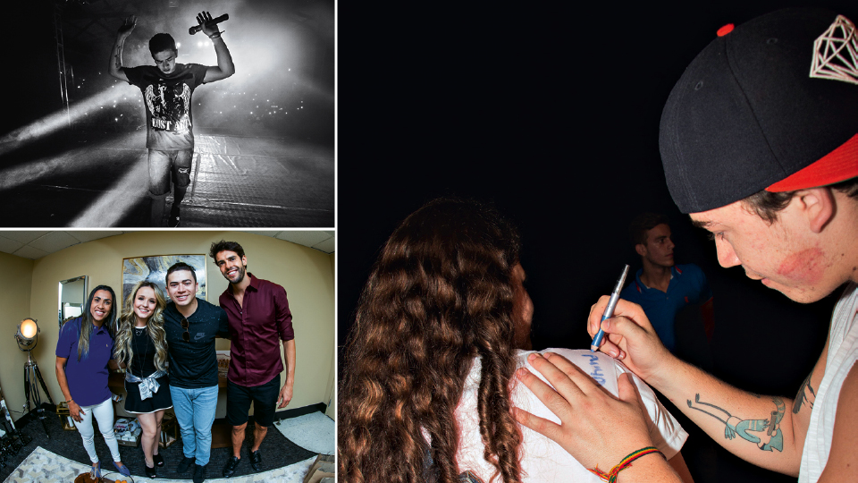 Em dois momentos de estrela, Whinderson no palco e atendendo fãs; na outra imagem, com Marta, Kaká e Larissa Manoela