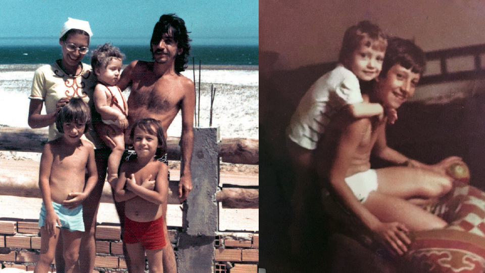 Na praia de Bambuí (de shorts verde), em 1977, com os pais e dois de seus três irmãos; e com o irmão caçula, Lucas, na Tijuca, em 1982