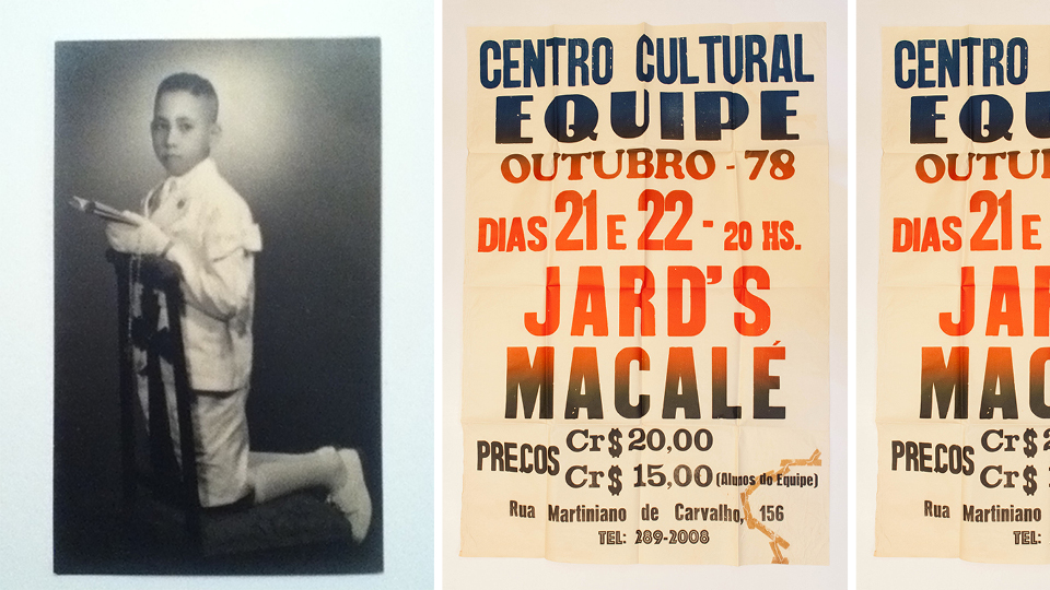 Foto de Macalé em sua primeira comunhão, no Rio de Janeiro; cartaz de um de seus shows, em 1978