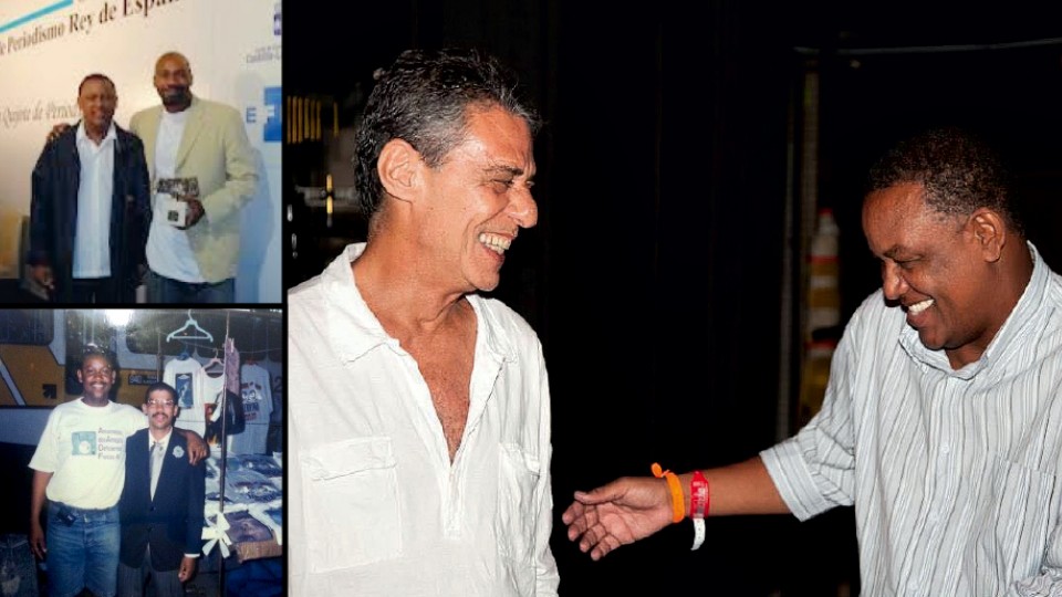 Celso em Madrid com MV Bill, recebendo prêmio pelo documentário Falcão, meninos do tráfico, em 2007; trabalhando como camelô, em Madureira; com Chico Buarque